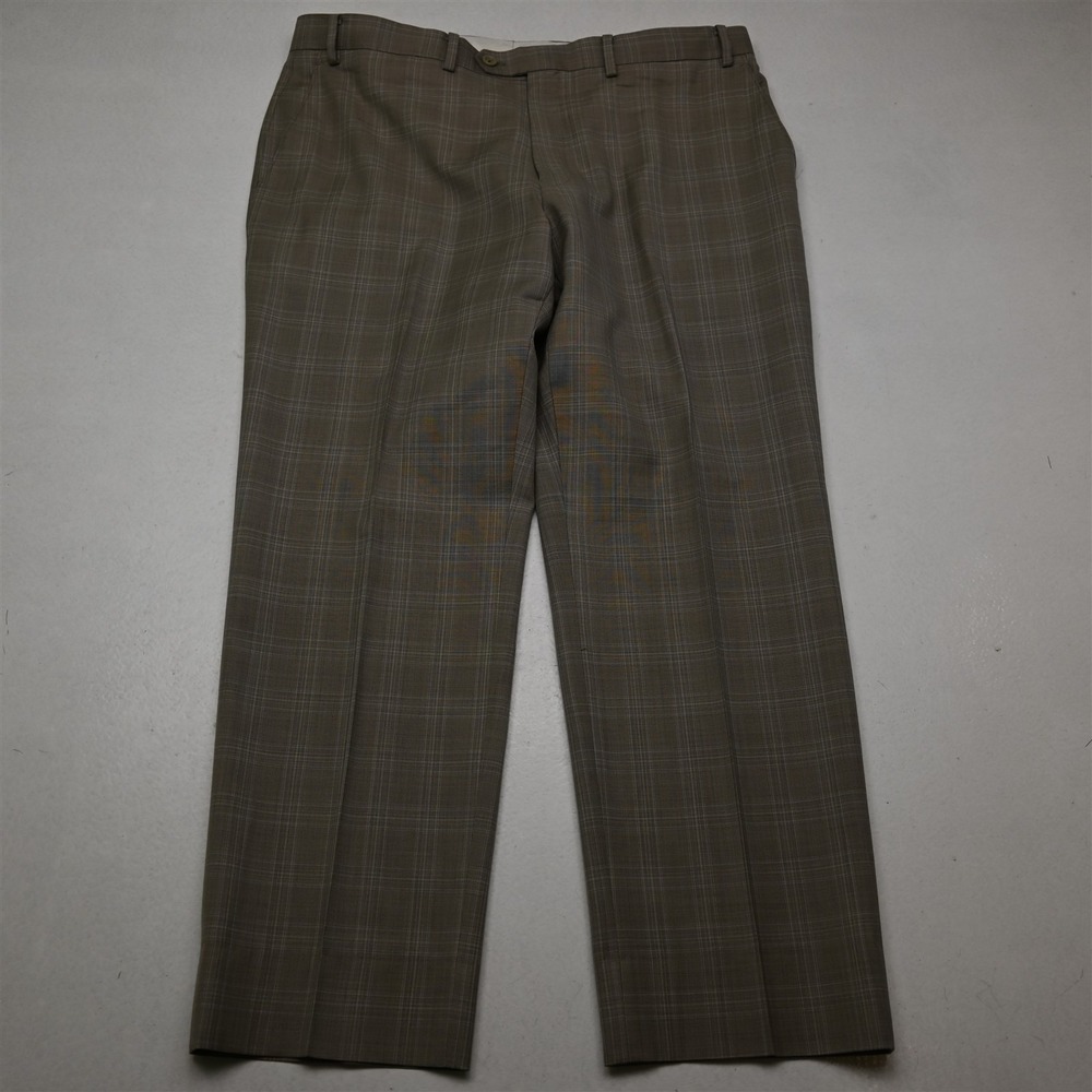 Bespoke 36x30 Khaki Plaid Wool Flat Front Straight Dress Mens Pants